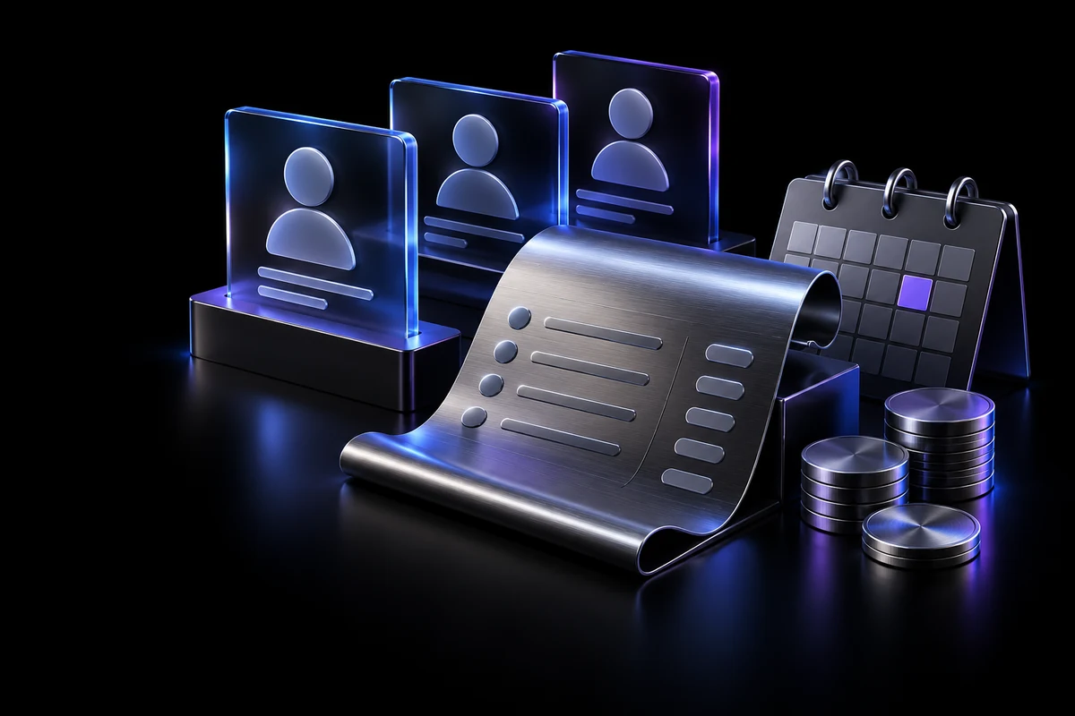 Employee profiles, a payroll ledger, and metallic coins