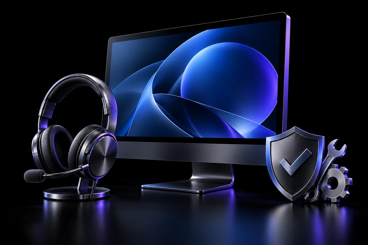 A desktop monitor, support headset, and protective shield