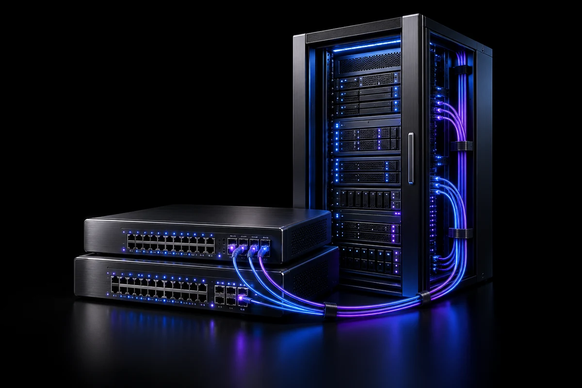 Server and network switches connected by fiber-optic cables
