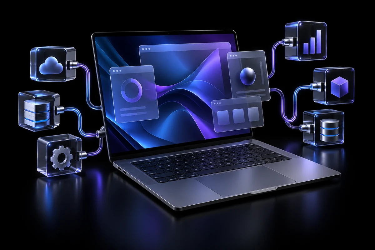 A laptop with connected application windows and software modules